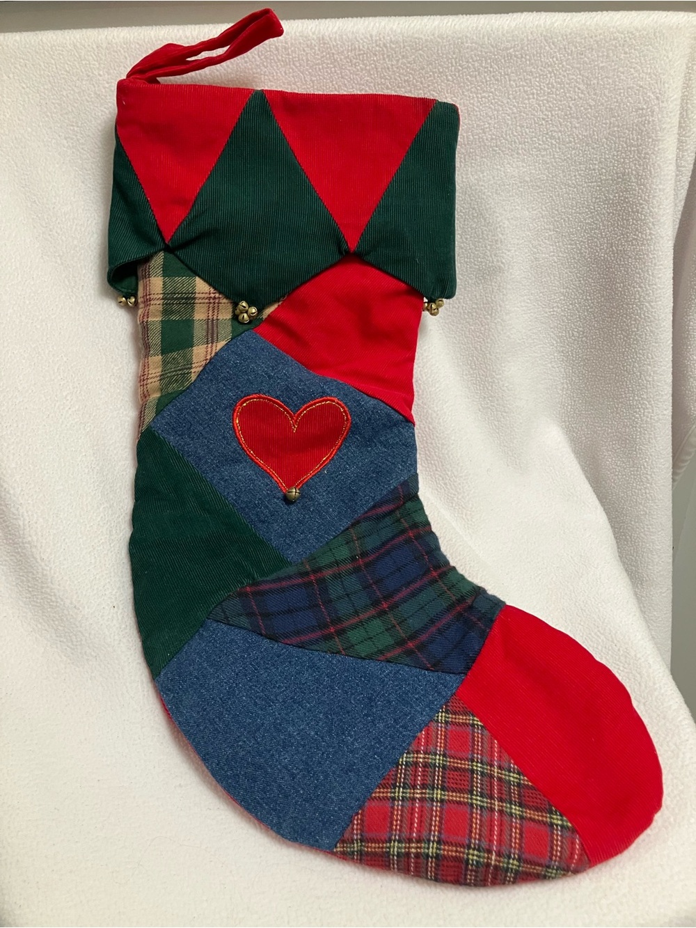 retired Pier 1 Imports patchwork quilt Christmas stocking. Red heart. Tiny bells